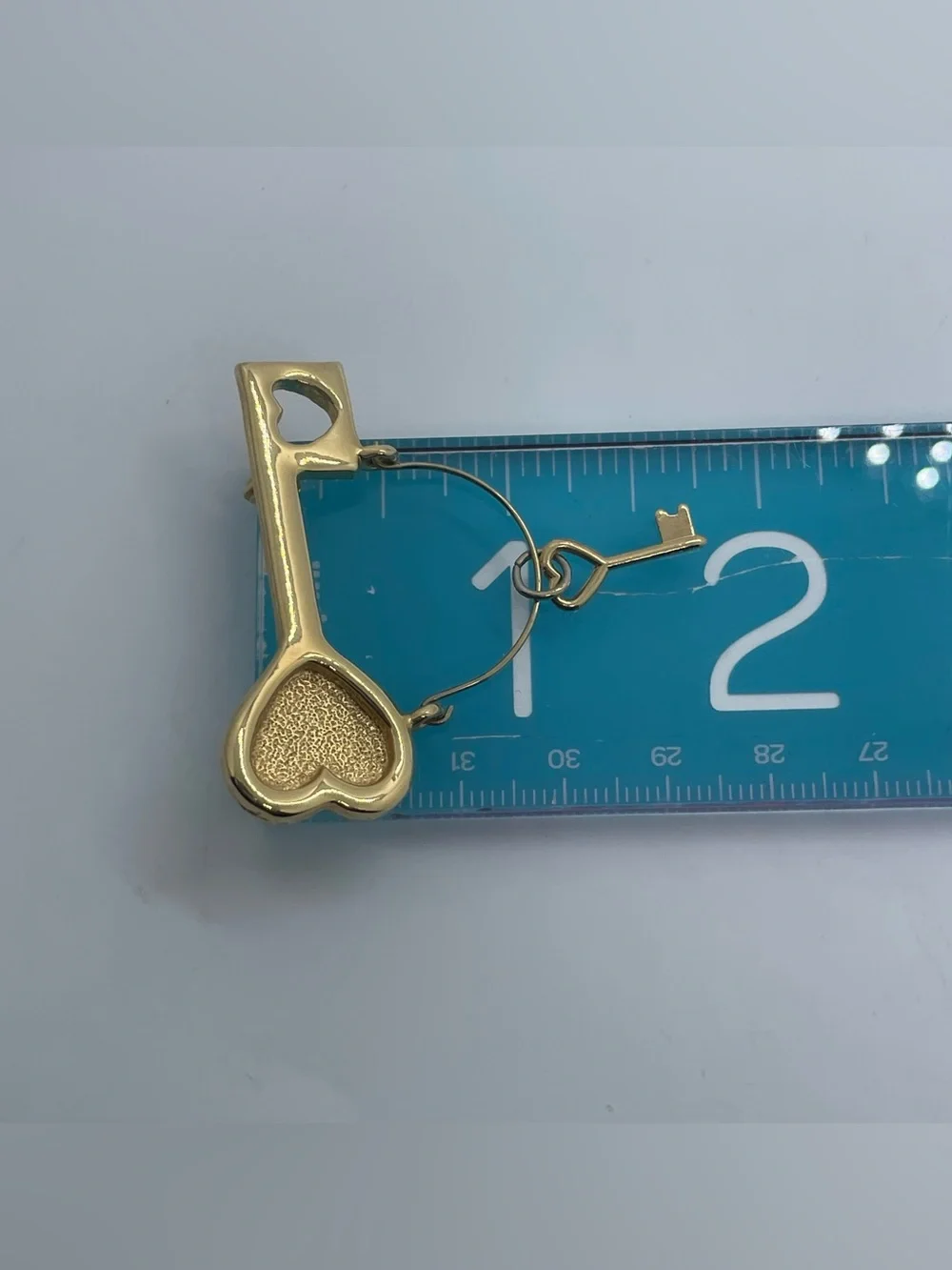 Gold Tone Heart Key Charm Brooch